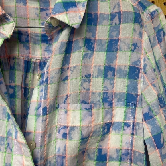Anthropologie Pilcro and the Letterpress Blue Tie Dye Neon Plaid Button Down Top - Picture 4 of 7